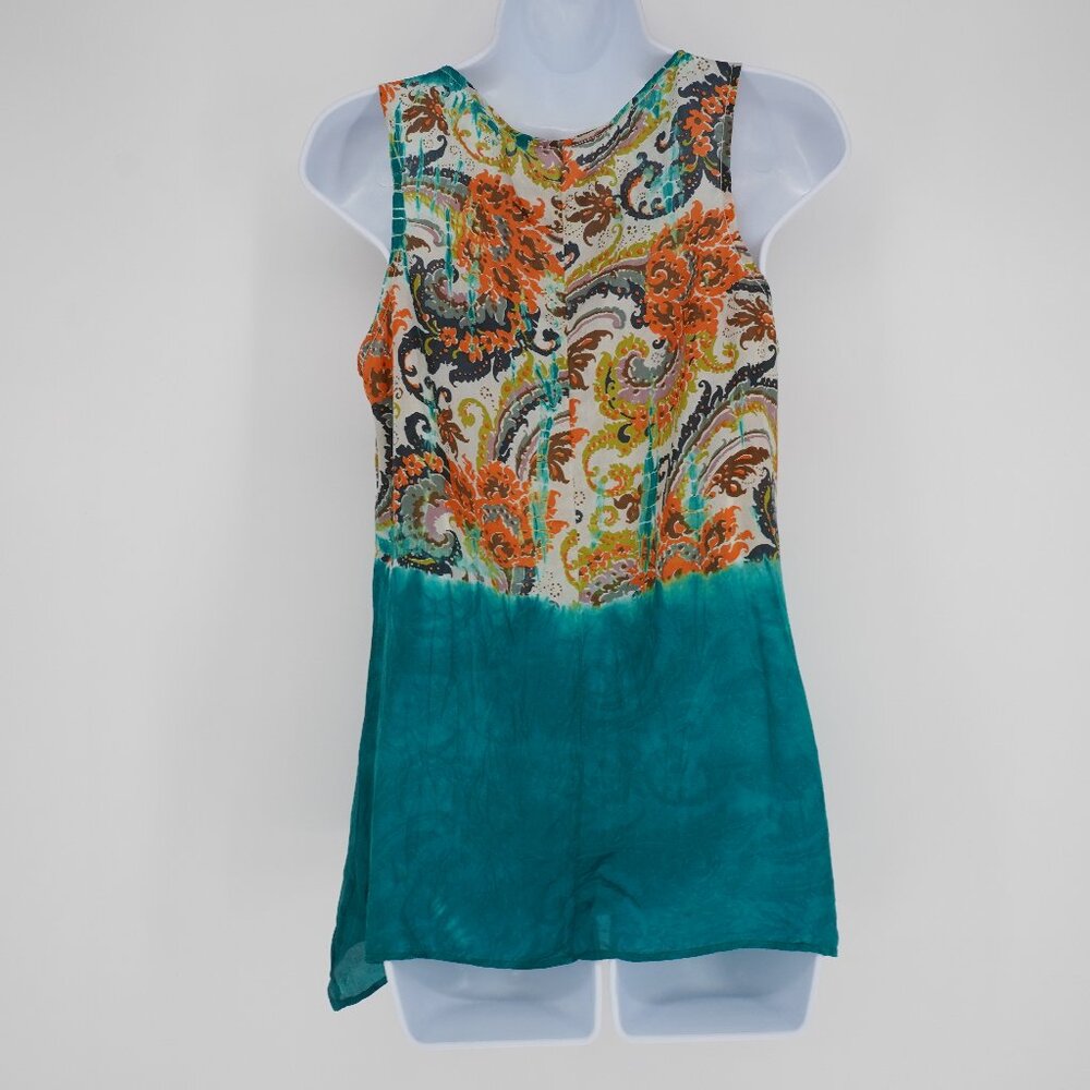 Language 100% Silk Shark Bite Tunic Tank Top Paisley Boho USA Womens S Teal Blue - Picture 3 of 10